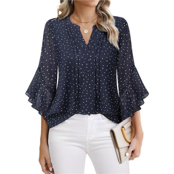 Elegant 3/4 Sleeve Chiffon Blouse – Ruffle Detail Dressy Top for Work - Picture 1 of 5